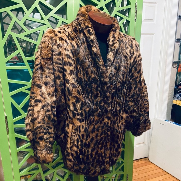 Polo Norte Vintage 1980s/70s Batwing Rabbit Fur Leopard Print Oversized Jacket - Picture 2 of 8